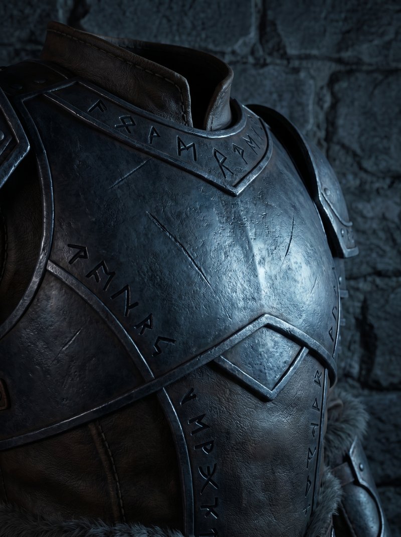 Close detail of Guardian armor chest plate inscribed with practical matte-black runes, worn smooth at the edges from years of use.