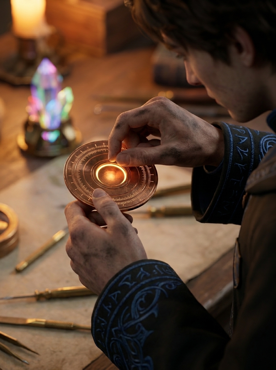 Soot-stained hands carefully adjusting a small copper calibration disk, warm amber light catching the fine frequency markings etched into its surface.