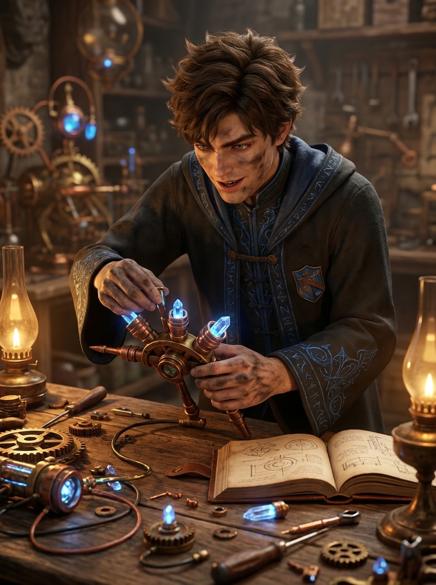 Jax Merren leaning over a cluttered artificing workbench mid-tinkering, surrounded by glowing crystal sockets and scattered brass tools.
