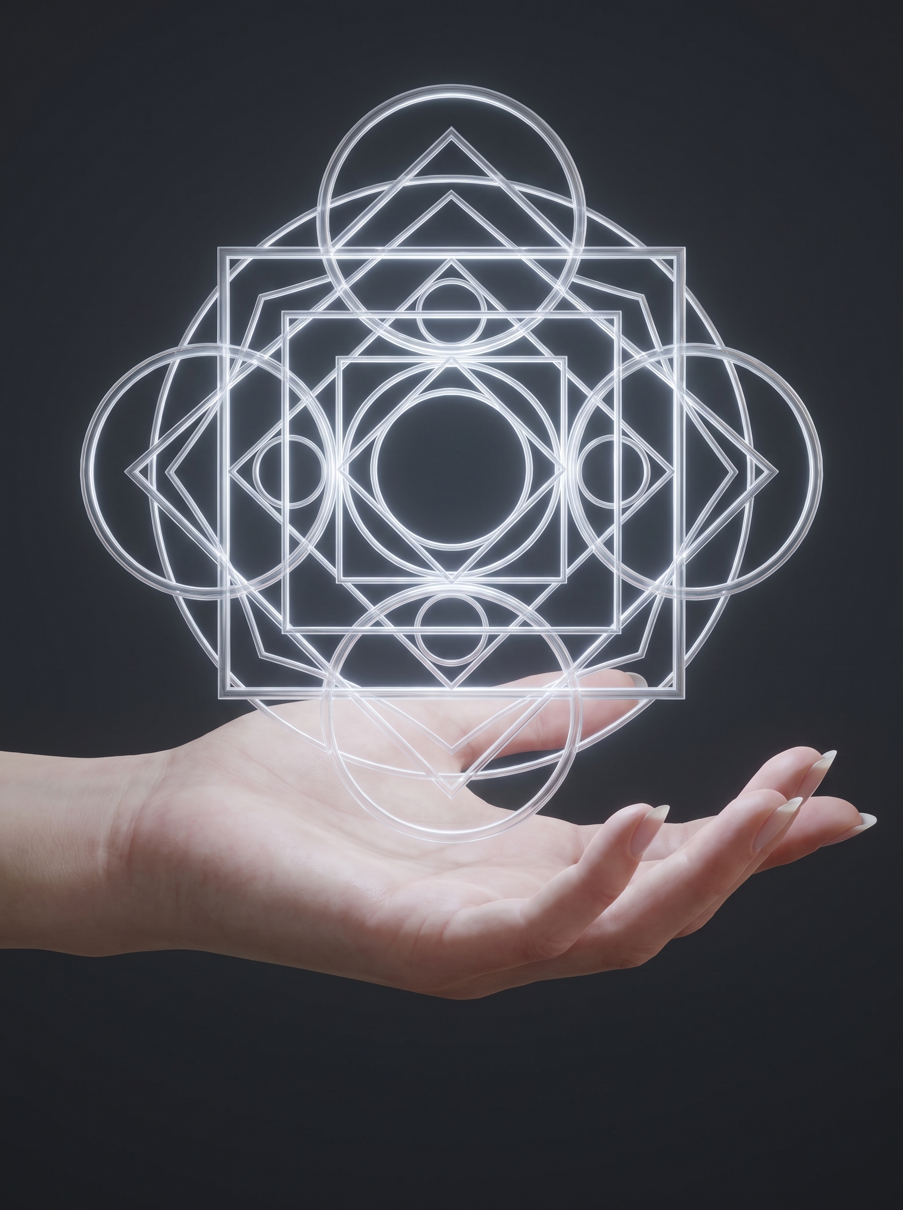 A precise silver-white geometric Order magic array hovering above Lyra Caldren's open hand — mathematically exact, perfectly symmetrical.