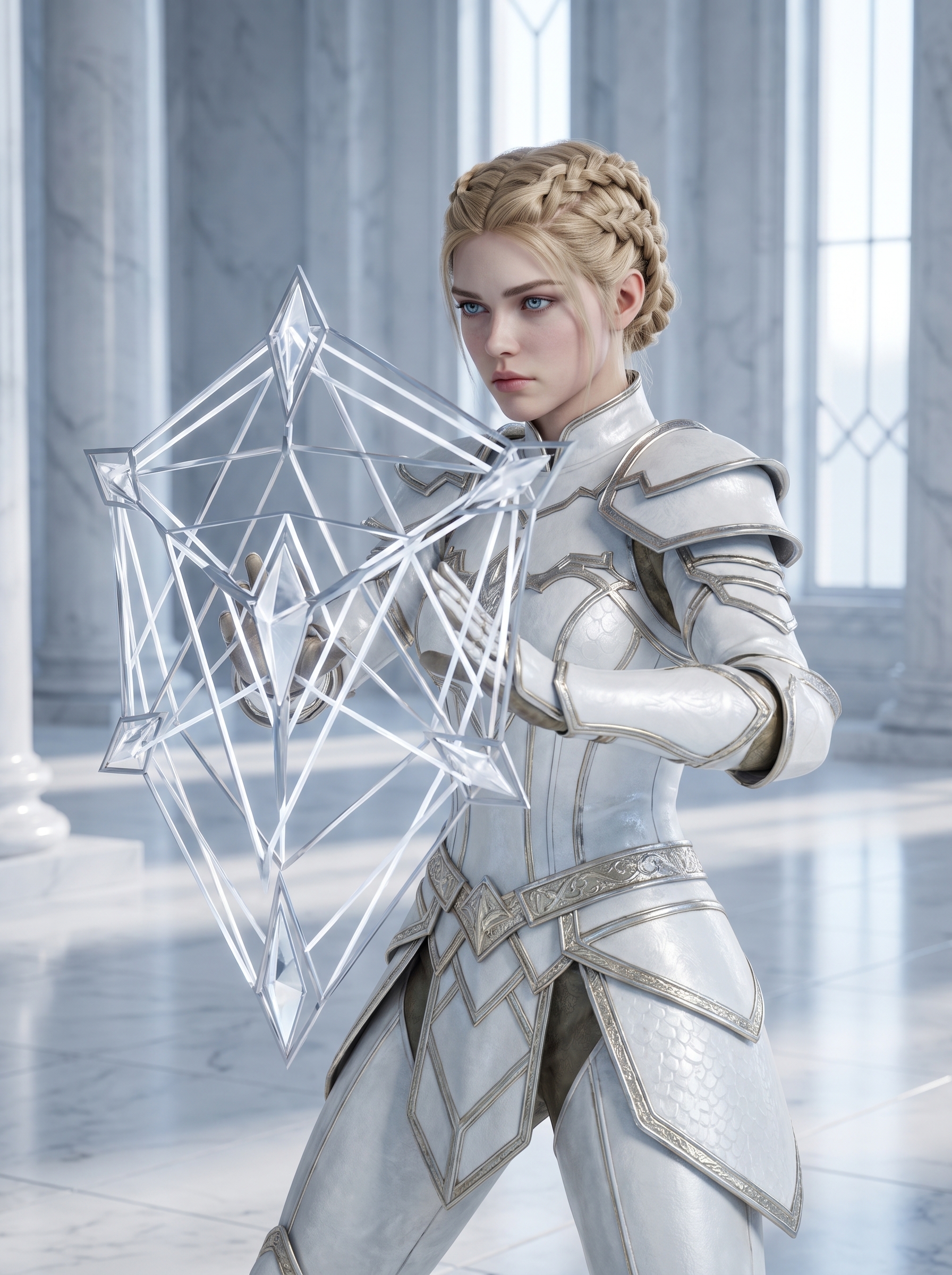 Lyra Caldren in a controlled combat stance, a precise geometric silver-white Order magic construct formed in front of her.