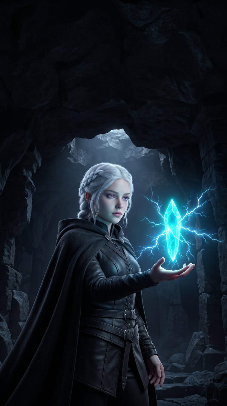 Relis Stormborn holding the Storm Shard, neon-cyan lightning arcing from the crystal in her open palm.
