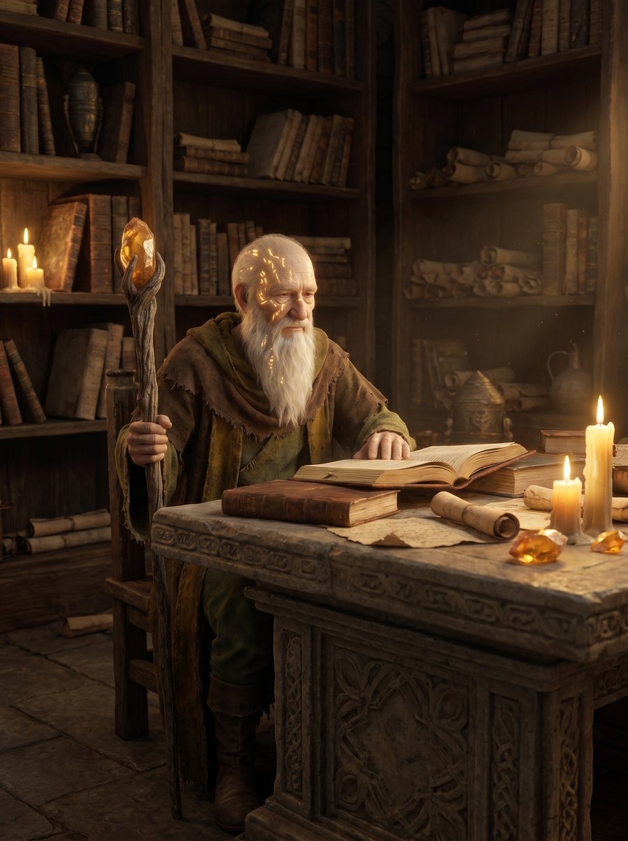 Elder Vane seated at a massive stone archive desk surrounded by ancient scrolls and runic fragments, warm candlelight receding into towering shelves of manuscripts.