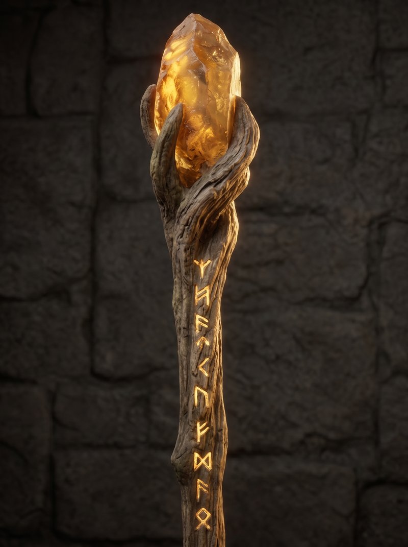 Elder Vane's petrified wood staff topped with unpolished amber glowing faintly gold, ancient runes carved along the shaft.