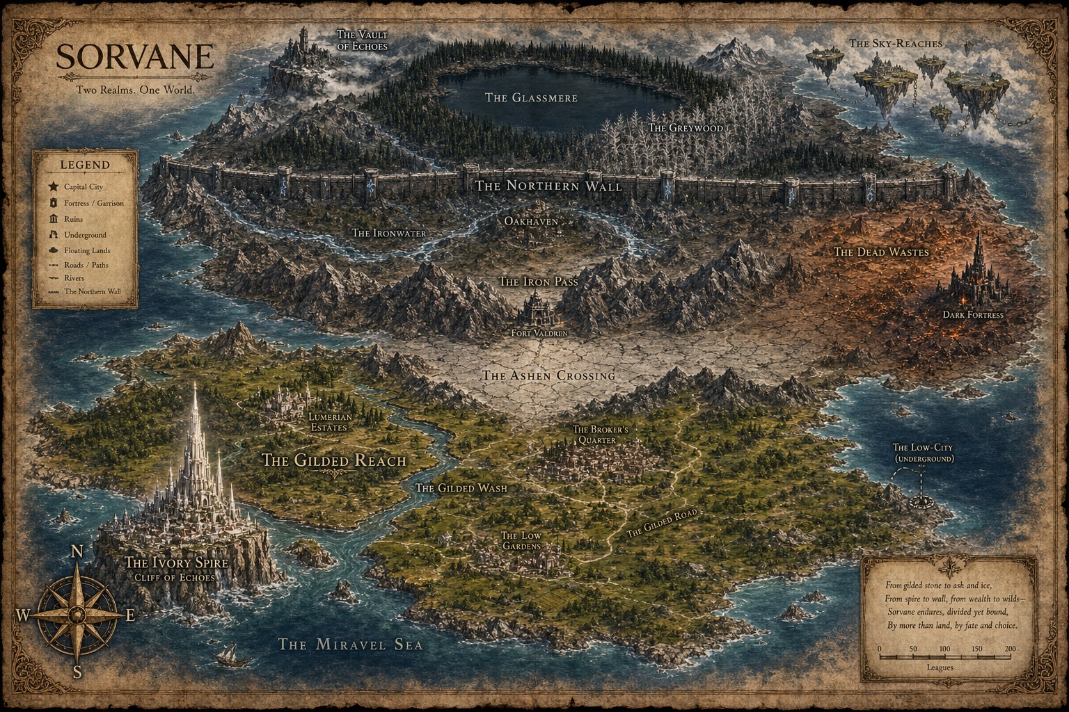 Map of Sorvane — Two Realms, One World. Shows the Northern Continent with Oakhaven, the Northern Wall, the Vault of Echoes, and the Greywood; the Southern Continent with the Ivory Spire, the Gilded Reach, and the Lumerian Estates; the Iron Pass, the Ashen Crossing, the Dead Wastes, the Sky-Reaches, and the Low-City.