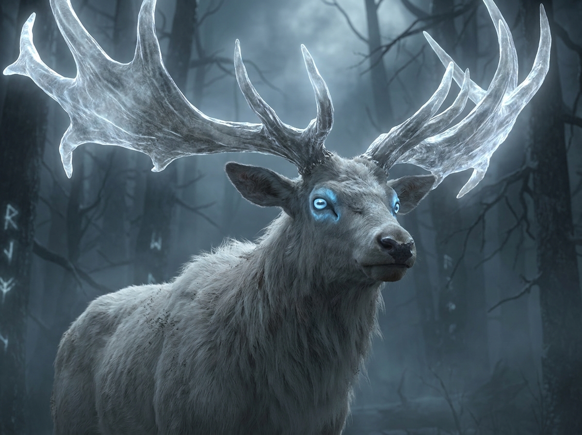 A Grave Elk — massive pale elk with glowing translucent antlers