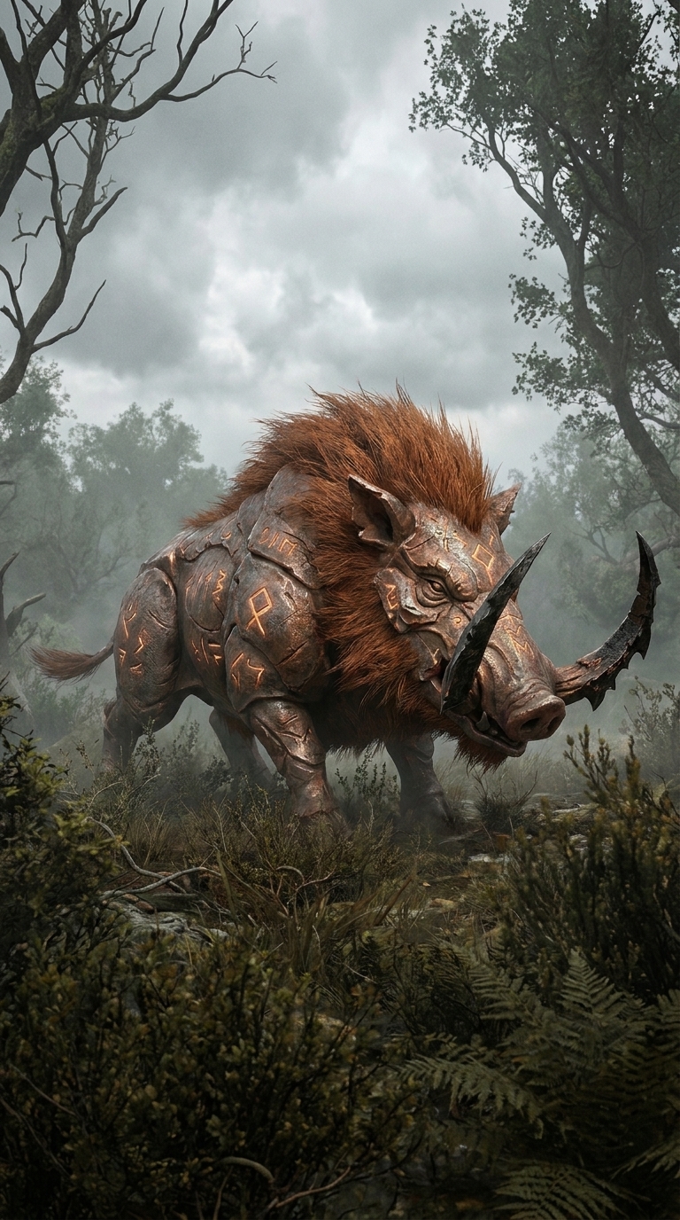 An Ironhide Boar — rusted iron-furred boar with glowing rune-scarred hide